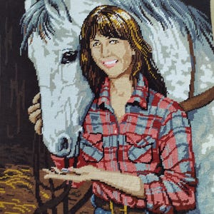 Rare handmade needlepoint canvas tapestry painting of a little brunette girl and her horse in the box French tapestry