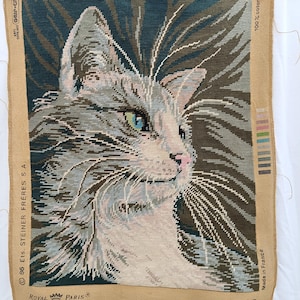 Rare vintage French tapestry canvas embroidery finished cat head nobility decoration Margot creation French tapestry