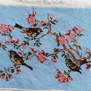 Vintage Tapestry French Embroidery Finished Beautiful Birds on Branches Landscape Shabby Chic Spring French Tapestry