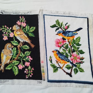 Rare 2 finished embroidery vintage canvas, depicting colorful, multi-colored birds on a branch French tapestry