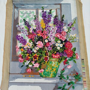 Wonderful vintage finished French embroidery of a beautiful bouquet of colorful flowers in a vase, French tapestry