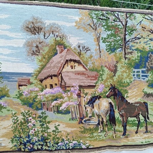 Large vintage French tapestry hand embroidered canvas finished with needlepoint horses near the house the flowery hamlet French tapestry