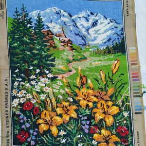 Beautiful tapestry, French, vintage Finished tapestry of colorful needle-embroidered flowers, mountain landscape, French tapestry