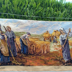 Vintage French embroidery finished large harvest of hay summer after millet landscape France French tapestry