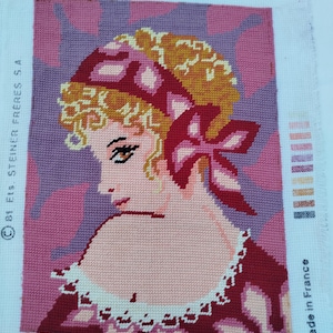 Rare. Vintage French tapestry painting Hand embroidered canvas finished with needlepoint, Portrait of a little blonde girl, Art Deco, French tapestry