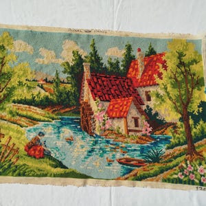 Beautiful tapestry, vintage French, colorful finished tapestry, farmhouse landscape, flowery mill, countryside landscape, FRANCE, French tapestry