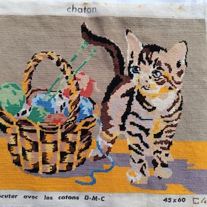 Vintage tapestry embroidery finished with cat playing on canvas handmade in French tapestry