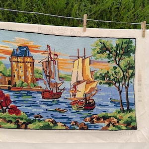 Superb Vintage embroidery canvas finished French needlepoint finished tapestry finished in port vintage canvas