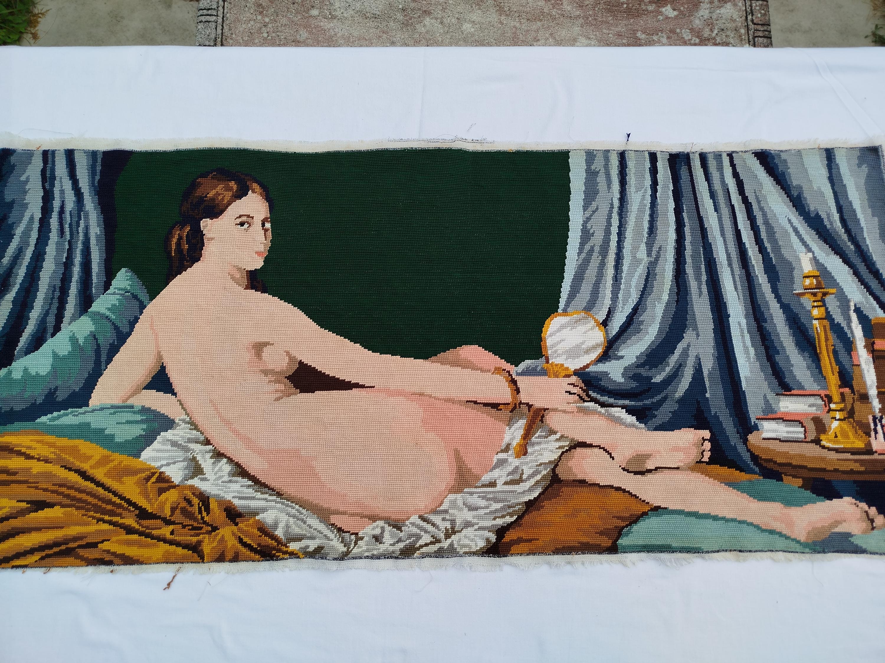 Rare vintage French tapestry painting Needle-finished embroidered canvas nude woman lying down Venus with a mirror French tapestry
