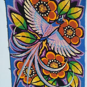Vintage French canvas wall tapestry painting embroidered needlepoint finished colorful bird of paradise Lurçat Picard Ledoux French tapestry