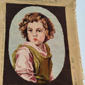 Vintage French tapestry, finished embroidery canvas, The Good Shepherd after Murillo, child&#39;s face, French tapestry