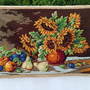 Beautiful vintage French tapestry embroidery Needlepoint finished embroidered canvas sunflower flower pot wall decor French tapestry
