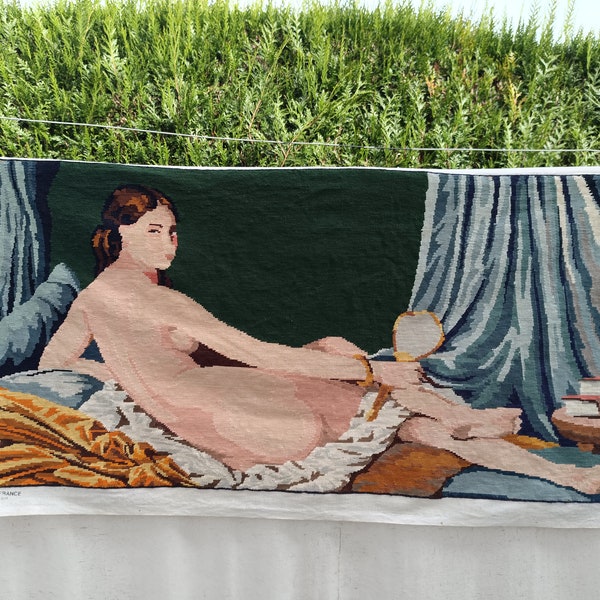 Rare tableau tapisserie vintage français Canevas brodé fini a l'aiguille femme nue allongé la Vénus au miroir french tapestry
