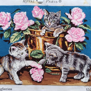 Rare vintage tapestry finished embroidery of three little cats playing surrounded by roses antique french tapestry