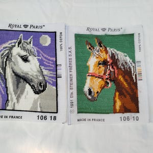 Superb 2 Adorable Vintage French Tapestry Needlepoint Canvas Horse Head, Unicorn, French Tapestry