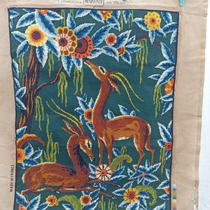 Superb vintage French tapestry hand embroidered canvas finished with needle gazelles style Lurçat Picard Ledoux decoration French tapestry