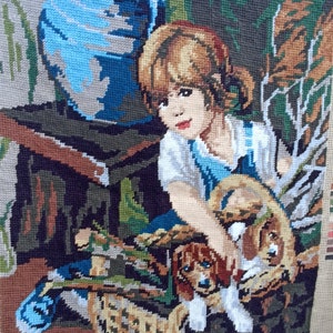 Vintage French tapestry painting Hand embroidered canvas finished with needlework the little girl and her dog wall decoration French tapestry