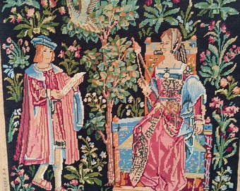 superbe tapisserie française vintage broderie terminée la lecture de Cluny scène médiévale french tapestry