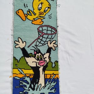 Bardzo rzadkie płótno vintage, płótno francuskie, gotowy haft, Tweety i Sylwester, kreskówka Walta Disneya, gobelin francuski