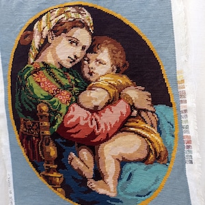 Vintage finished canvas french vintage needlepoint finished Madonna with chair and child french home decor tapestry