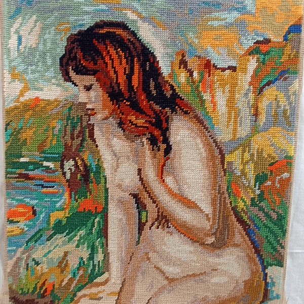 Beautiful vintage french tapestry canvas embroidered hand finished needlework woman seated naked Venus wall decoration french tapestry