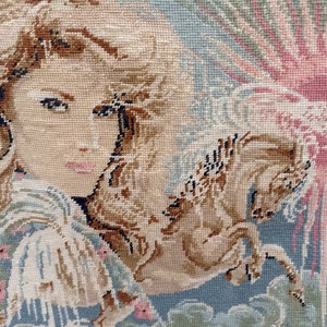 Rare superb hand embroidered needlepoint finished canvas the spell blonde woman with pegasus magnificent finished tapestry french tapestry