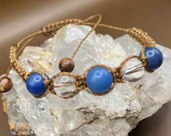 Blue aventurine and rock crystal adjustable Shamballa bracelet - Tibetan bracelet with natural pearls - semi precious stones
