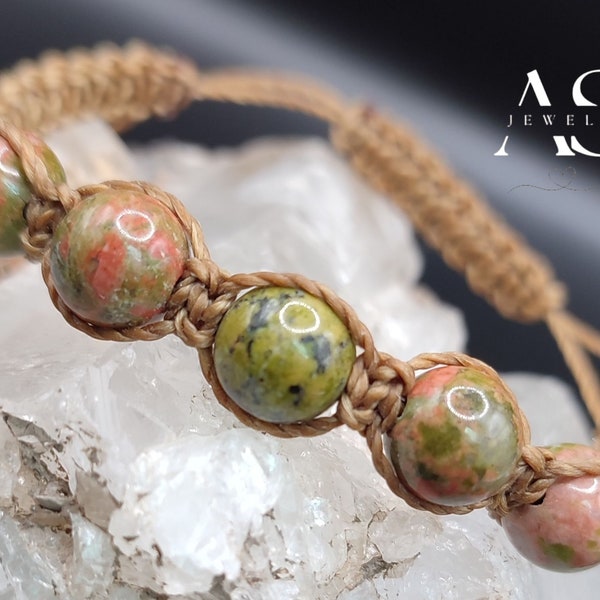 Unakite Adjustable Shamballa Bracelet | Hand-woven jewel with natural pearls | Semi precious stones | Release