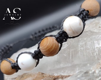 Bracelet Shamballa ajustable noir, avec magnésite et jaspe bois | Bracelet tibétain avec perles naturelles | Libération | Lâcher prise