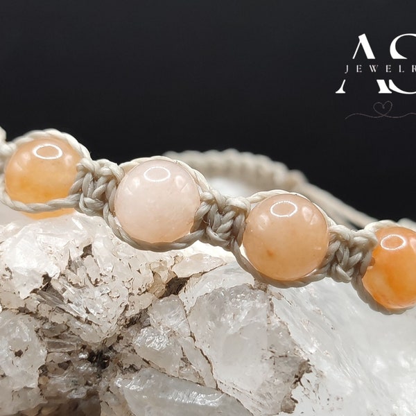Linen adjustable Shamballa bracelet with orange aventurine | Hand-woven bracelet with natural pearls | stone for period of doubt