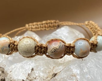 Bracelet Shamballa marron ajustable jaspe africain turquoise | Bracelet tibétain avec perles naturelles | Pierre du zodiaque Cancer
