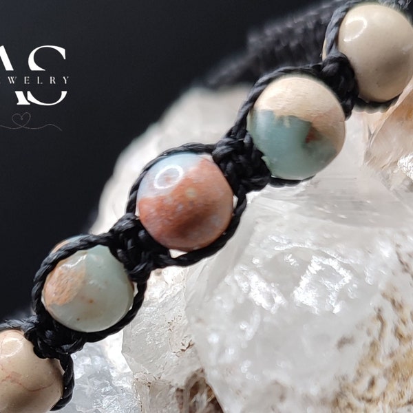 Black Adjustable Shamballa Bracelet with Turquoise African Jasper | Jasper jewel | Macrame bracelet | Semi precious natural stones