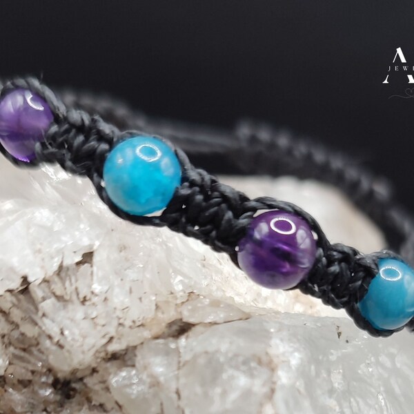 Bracelet Shamballa ajustable noir avec apatite et améthyste | Bracelet tissé à la main avec perles naturelles