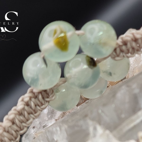 Linen adjustable Shamballa bracelet with prehnite | Stone of care | Stone for solar plexus | Semi-precious stone