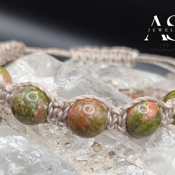 Bracelet Shamballa ajustable lin unakite | Pierres semi précieuses | Bracelet lithothérapie | Chakra du coeur | Astrologie