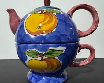 Tea for One Hand painted Teapot,Cup set, Stackable, Fruit Pattern