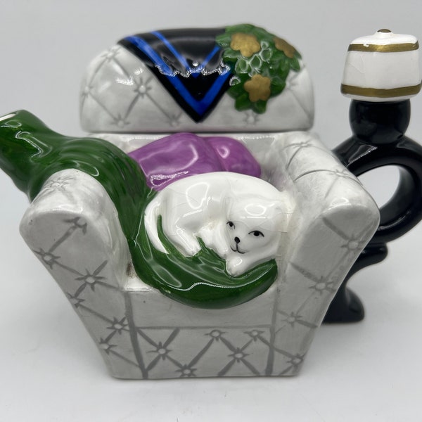 Ceramic Sleeping Cat on White Couch Teapot