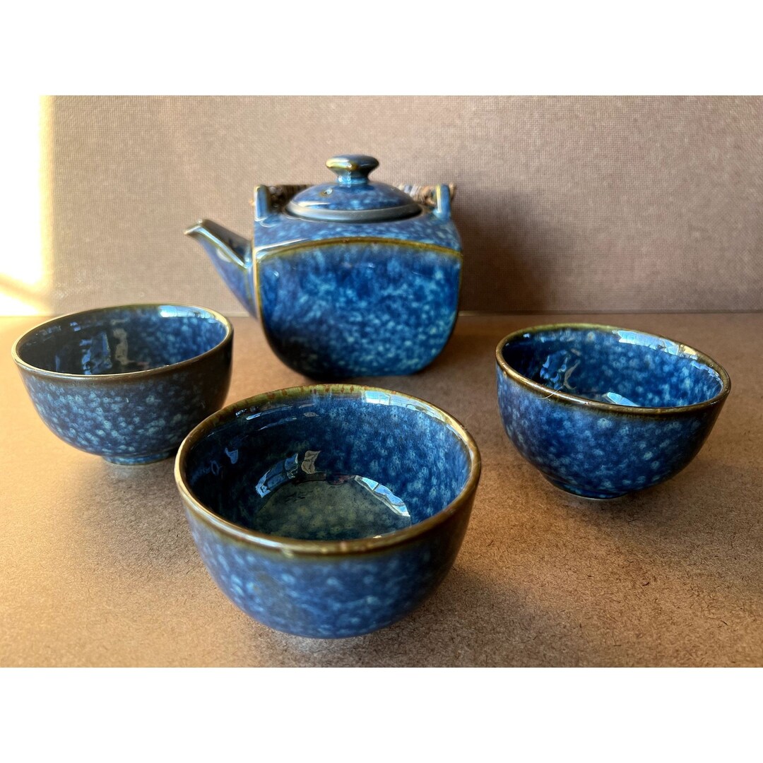 Square Glazed Teavana Blue Teapot and Cups Etsy