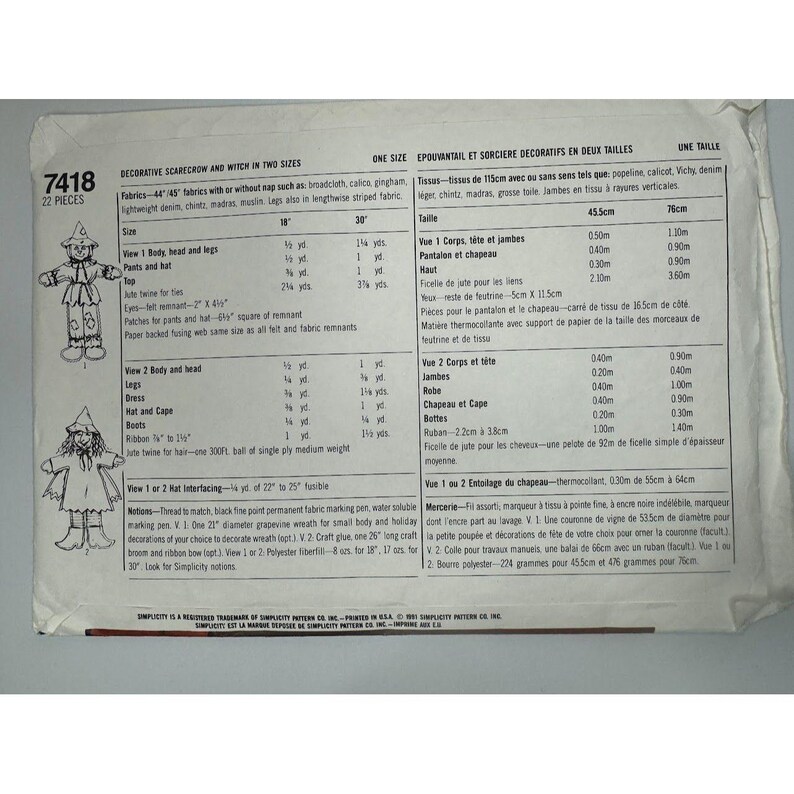Simplicity Crafts Pattern 7418 Sew Scary Decorative Scarecrow and Witch ...