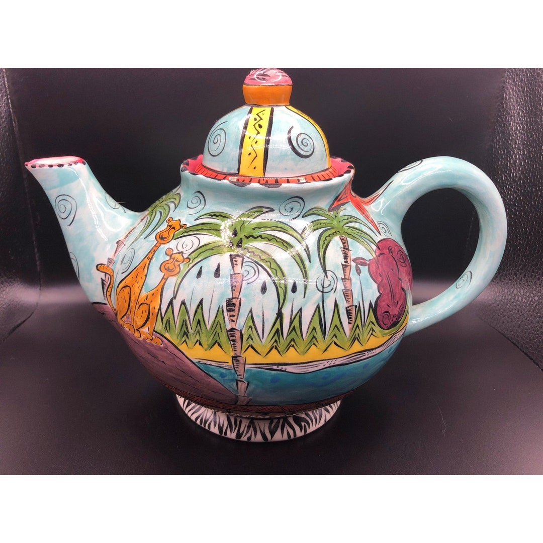 Penzo Zimbabwe African Pottery Teapot, Safari Animals, Hand Painted and