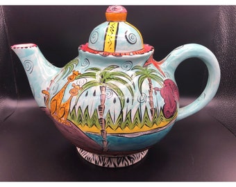 Penzo Zimbabwe African Pottery Teapot, Safari Animals, Hand painted and signed 1996