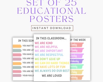 Set di 25 poster educativi, decorazioni per aule boho, decorazioni Montessori/scuola parentale/assistenza all&#39;infanzia, poster per la camera dei bambini, download digitale