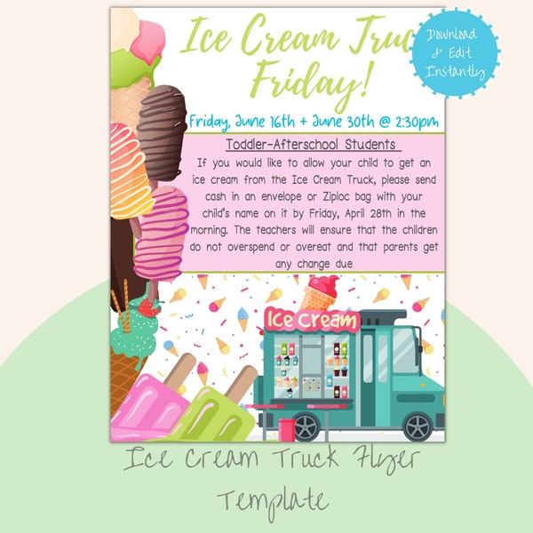 Ice Cream Truck Flyer, Ice Cream Template, Ice Cream Party Invitation, Editable, Instant Download, School Template, Summer Camp Flyer/Event