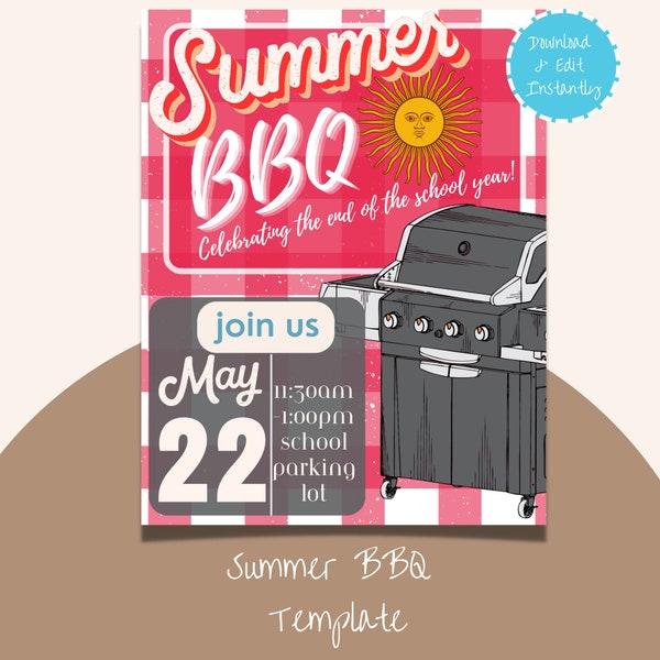 BBQ Invitation, Summer BBQ Flyer, Cook Out Template, End of School Editable Template, Instant Download