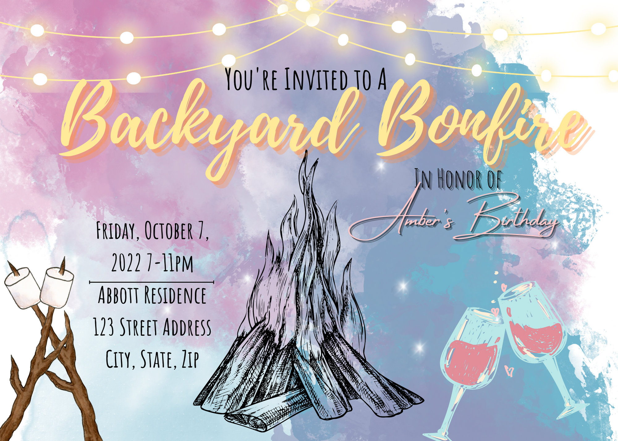 Birthday Invitation, Bonfire Invitation, Backyard Party Invitation, Fall Party Invitation, Multiple sizes, Digital Download, Editable