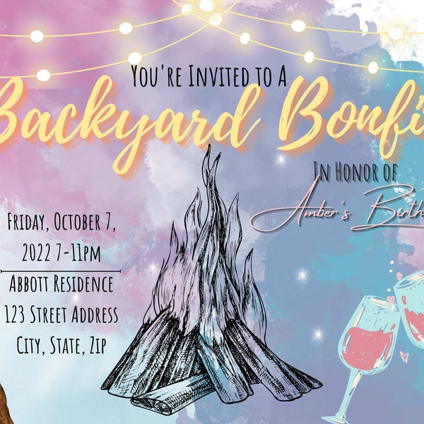 Birthday Invitation, Bonfire Invitation, Backyard Party Invitation, Fall Party Invitation, Multiple sizes, Digital Download, Editable