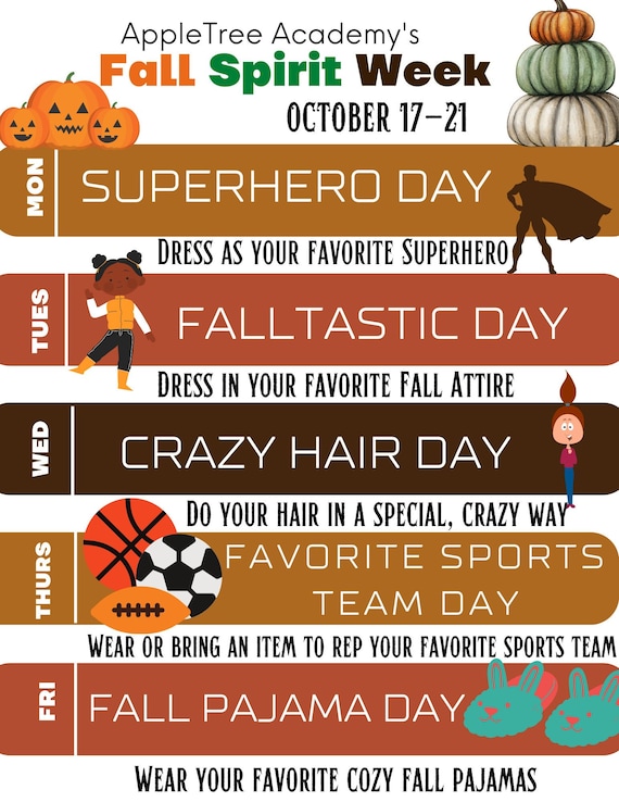 fall dress down day ideas Customizable Fall Autumn School Spirit Week Flyer, PTO Schedule, November Itinerary, Xmas PTA, Editable in Canva, Christmas Newsletter main image 0