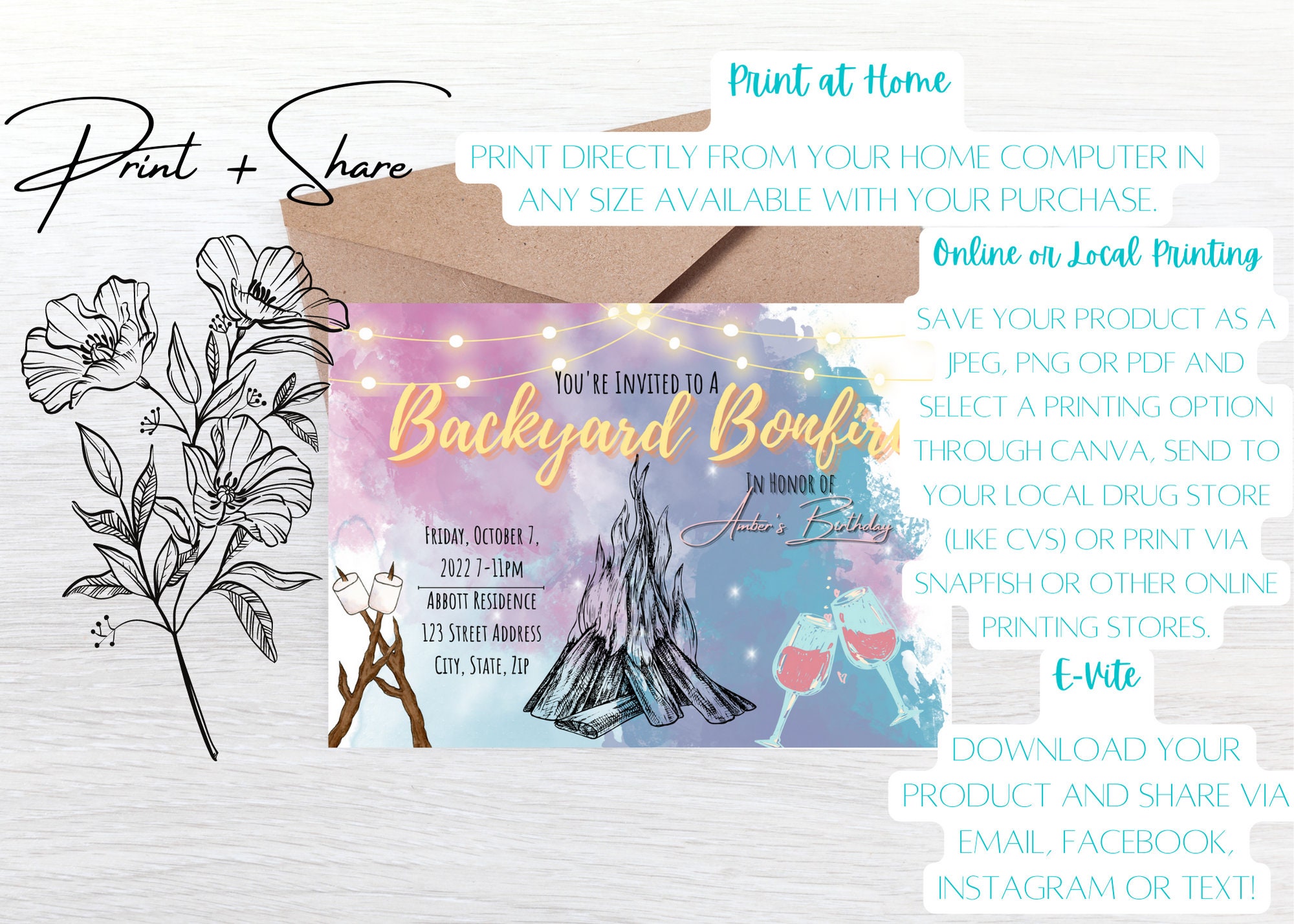 Birthday Invitation, Bonfire Invitation, Backyard Party Invitation ...