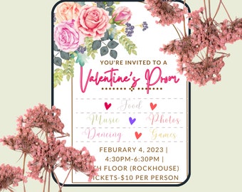 Invito al ballo di fine anno di San Valentino, volantino di San Valentino, invito al ballo di San Valentino, invito al ballo padre/figlia, Canva, modificabile, download immediato