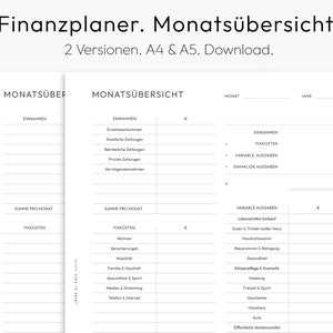 Puede incluir: Un planificador de presupuesto imprimible en blanco y negro con el título "Finanzplaner. Monatsübersicht." y el texto "2 Versionen. A4 & A5. Download."